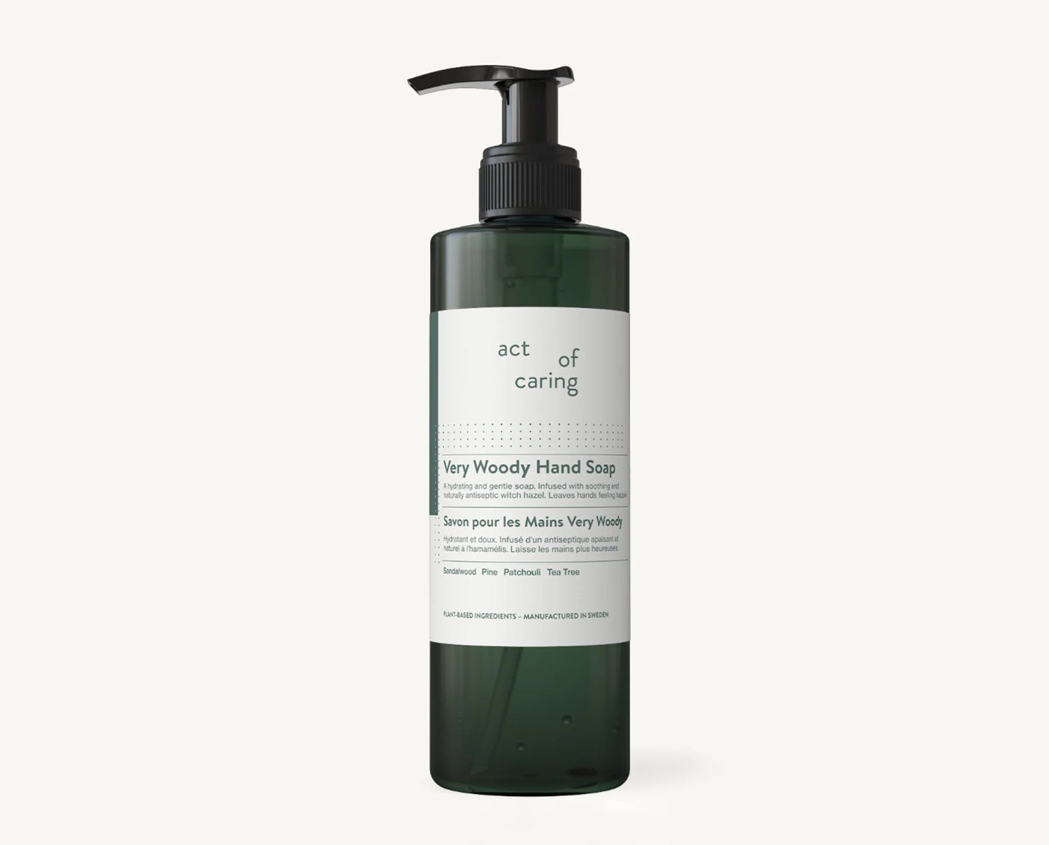 Very Woody hand soap från Act of Caring med doft av sandelträ, tall, patchouli och tea tree.
